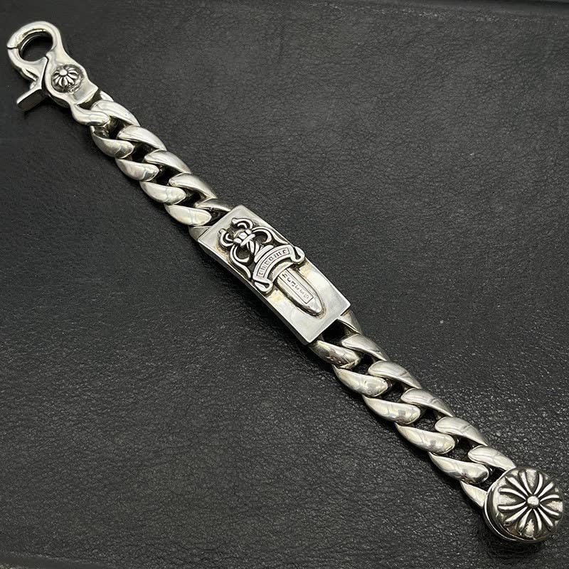 Chrome Hearts Silver Tone Chain Bracelet with Floral and Sword Design